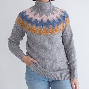 L.L.Bean Grey Cotton Ragg Funnelneck Pullover Fair Isle Sweater M